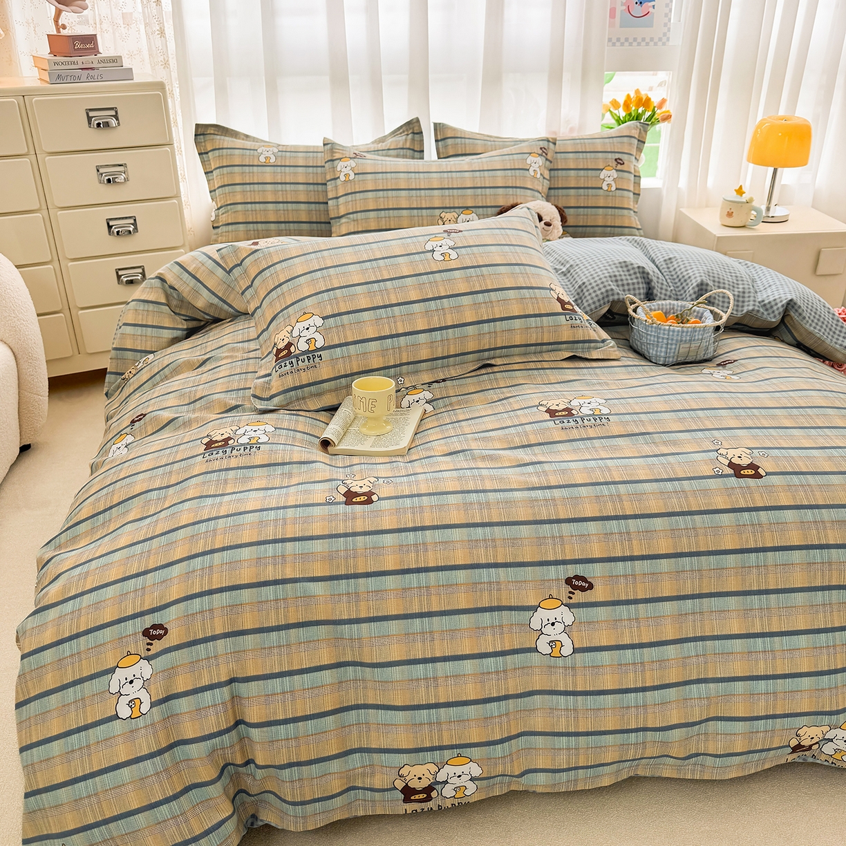 91家纺网 家纺一手货源 找家纺 壹贝家纺 2026新款小清新100%全棉纯棉印花系列被套单件-单被套 自拍小狗