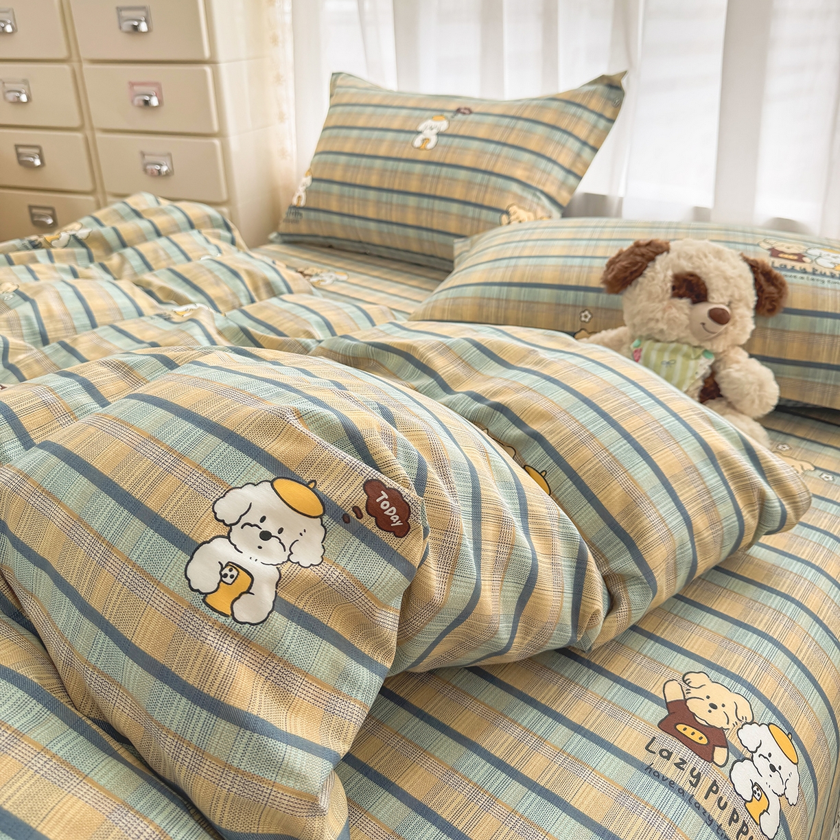 91家纺网 家纺一手货源 找家纺 壹贝家纺 2026新款小清新100%全棉纯棉印花系列被套单件-单被套 自拍小狗