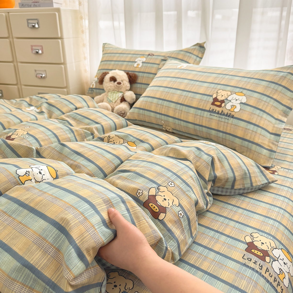 91家纺网 家纺一手货源 找家纺 壹贝家纺 2026新款小清新100%全棉纯棉印花系列被套单件-单被套 自拍小狗