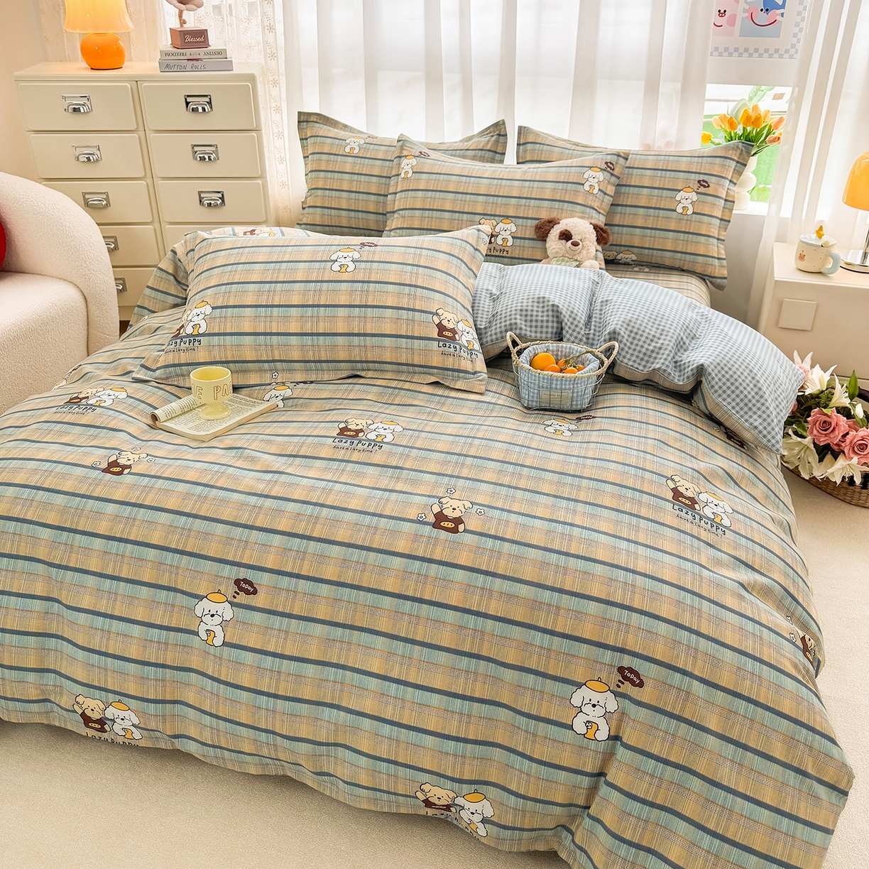 91家纺网 家纺一手货源 找家纺 壹贝家纺 2026新款小清新100%全棉纯棉印花系列被套单件-单被套 自拍小狗