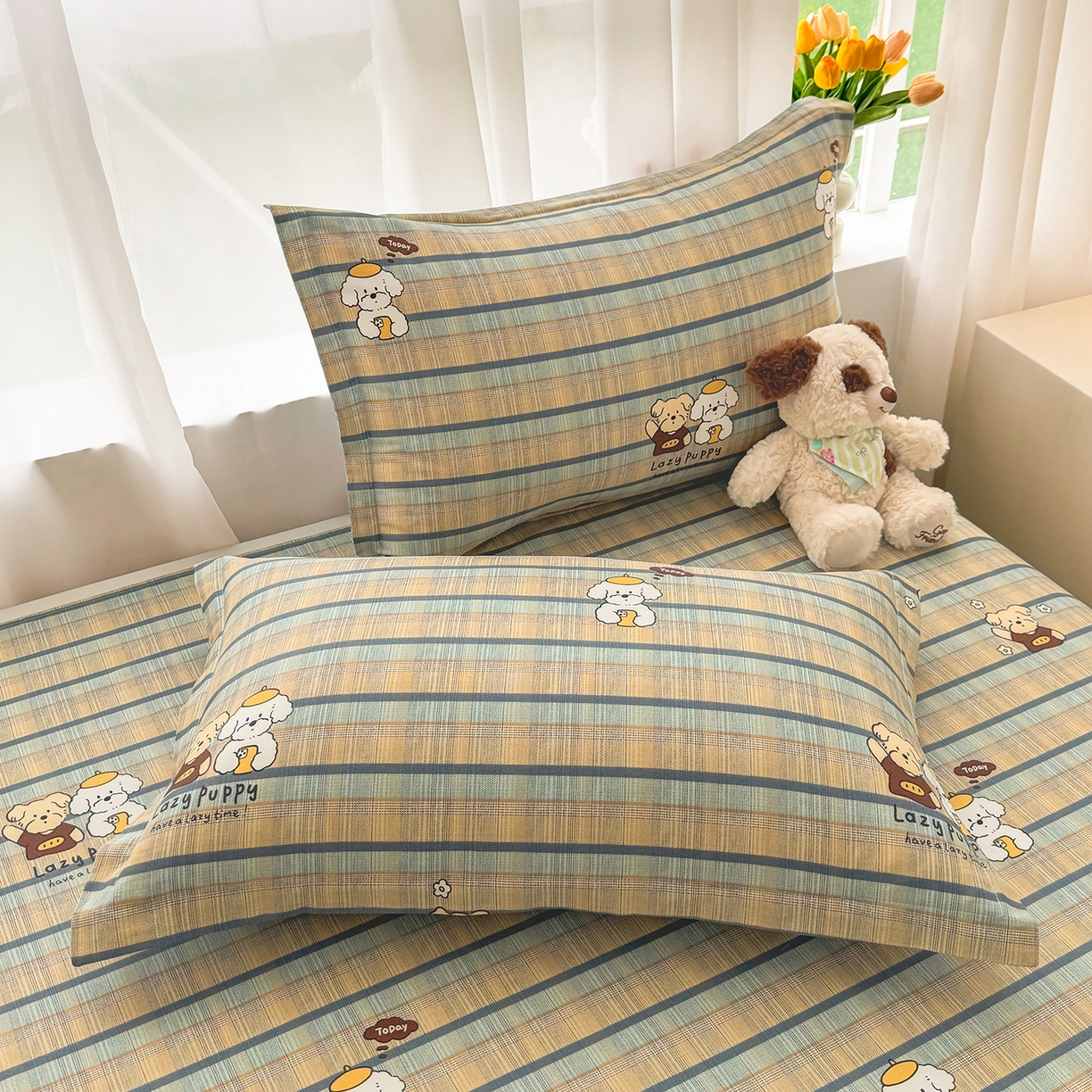 91家纺网 家纺一手货源 找家纺 壹贝家纺 2026新款小清新100%全棉纯棉印花系列被套单件-单被套 自拍小狗