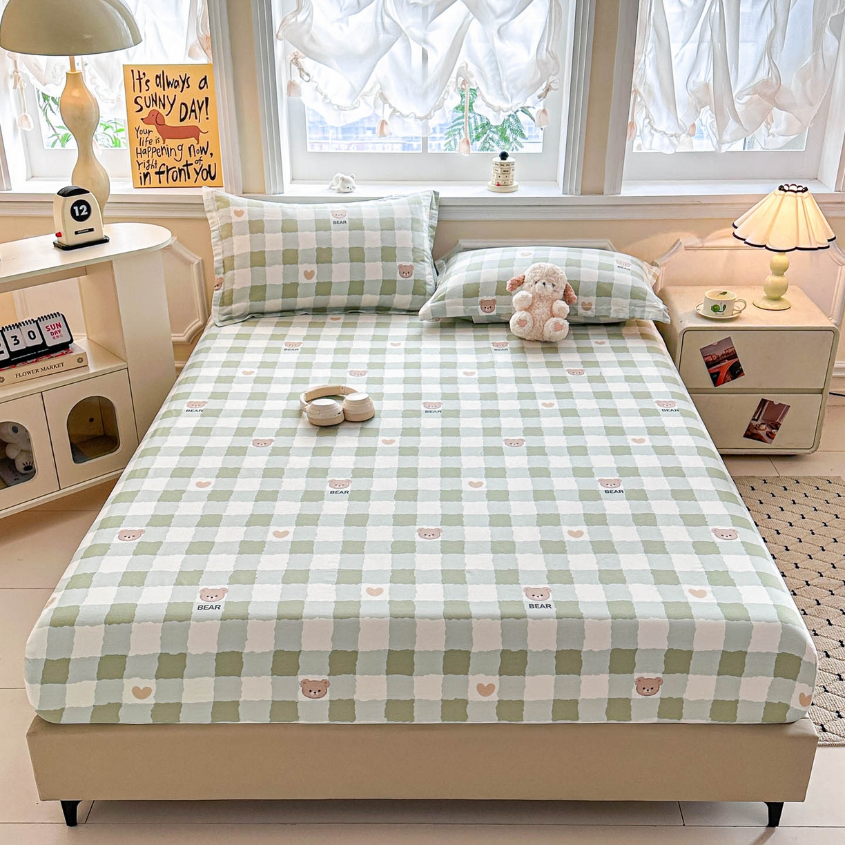 涵宸家纺 2026新款亲肤舒适全棉印花单床笠-68系列 总 床笠-格子小熊