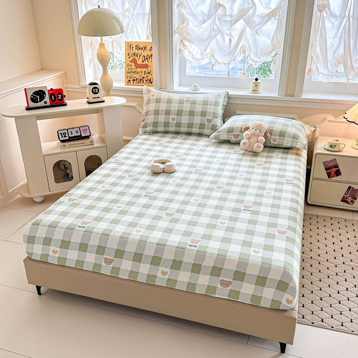 91家纺网 家纺一手货源 找家纺 涵宸家纺 2026新款亲肤舒适全棉印花单床笠-68系列 总 床笠-格子小熊