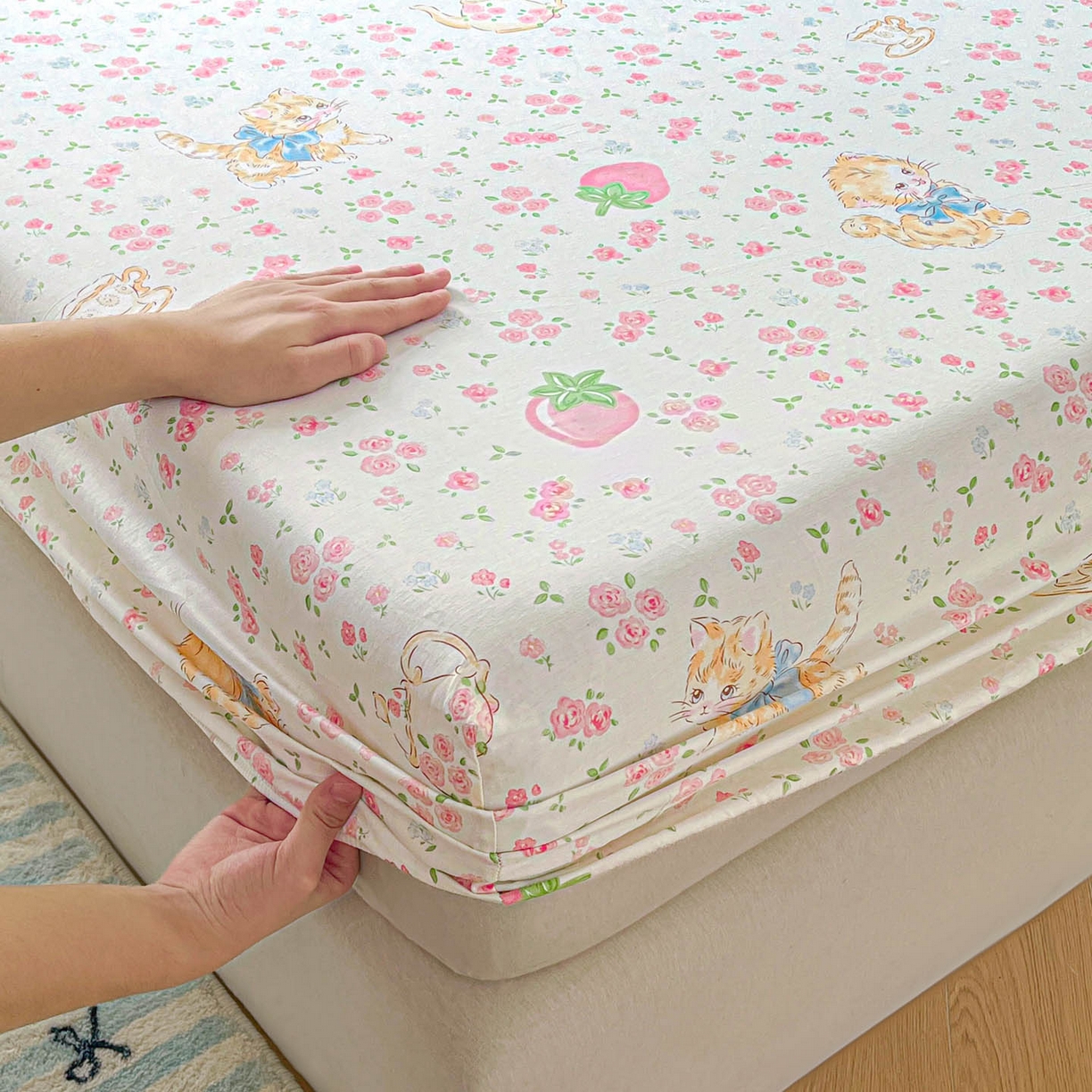 91家纺网 家纺一手货源 找家纺 涵宸家纺 2026新款亲肤舒适全棉印花单床笠-68系列 总 床笠-萌小喵