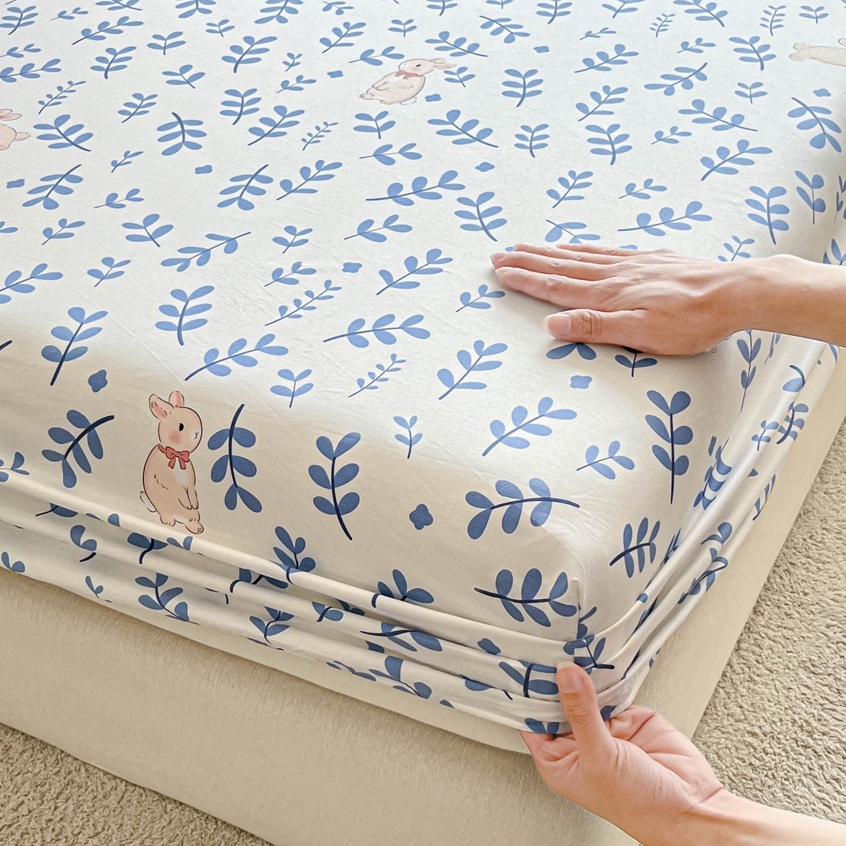 91家纺网 家纺一手货源 找家纺 涵宸家纺 2026新款亲肤舒适全棉印花单床笠-68系列 总 床笠-兔影