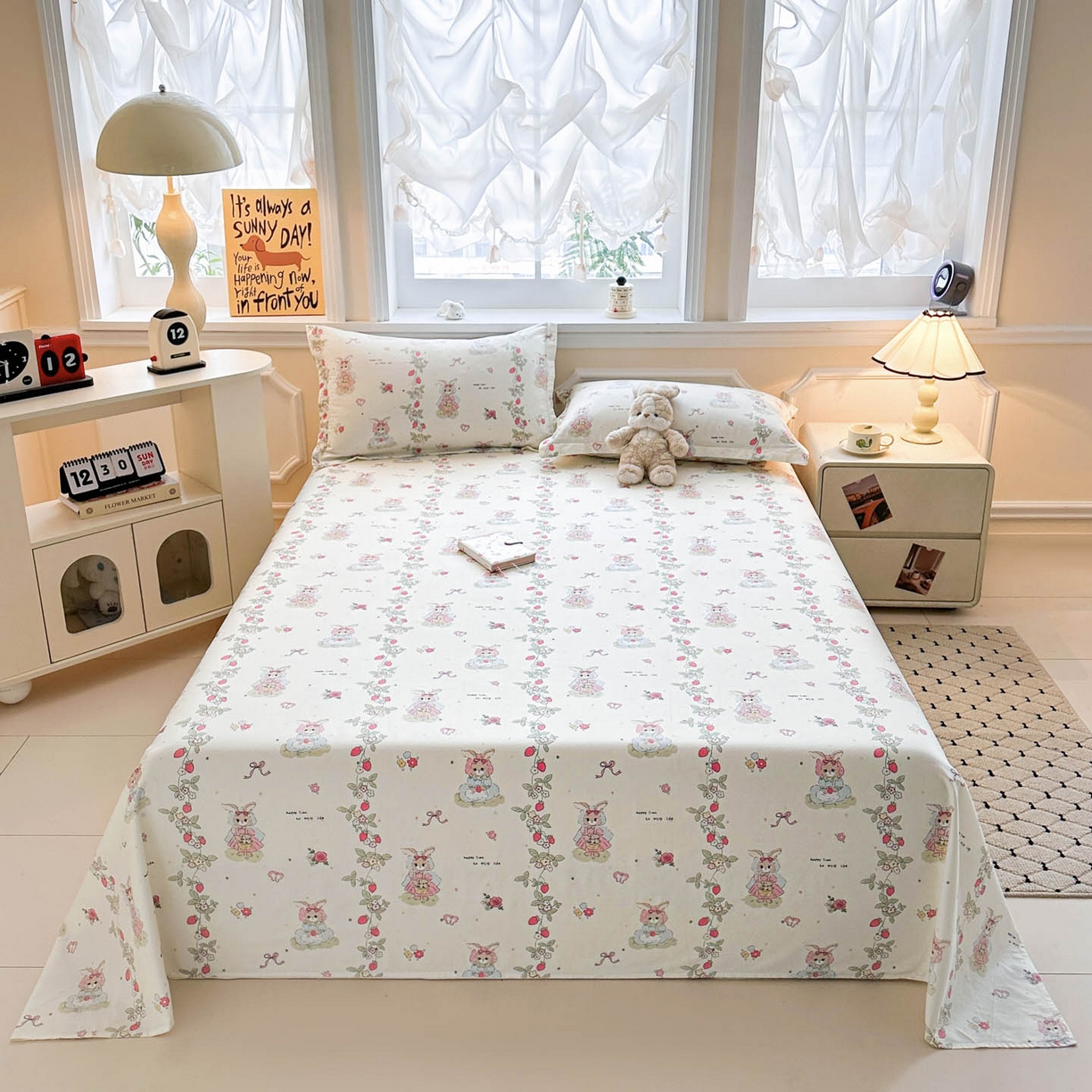 91家纺网 家纺一手货源 找家纺 涵宸家纺 2026新款亲肤舒适全棉印花单床单-68系列 总 床单-草莓小兔