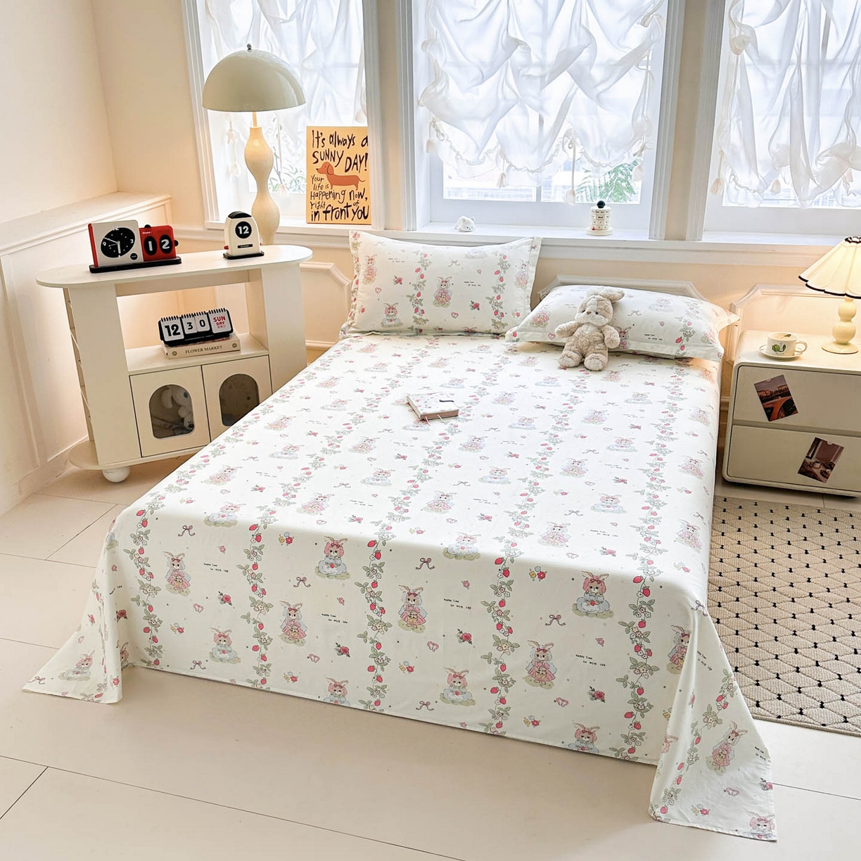 91家纺网 家纺一手货源 找家纺 涵宸家纺 2026新款亲肤舒适全棉印花单床单-68系列 总 床单-草莓小兔