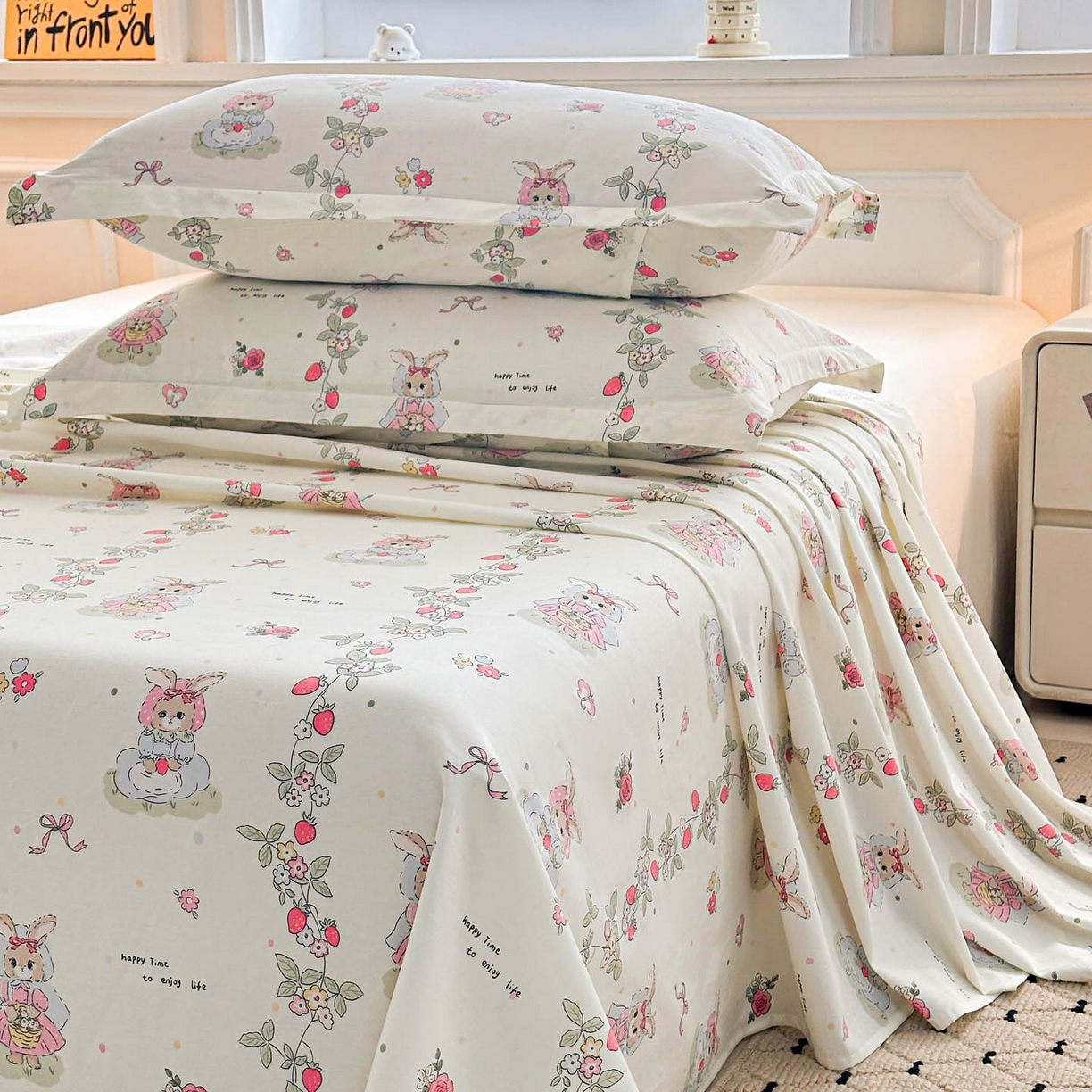 91家纺网 家纺一手货源 找家纺 涵宸家纺 2026新款亲肤舒适全棉印花单床单-68系列 总 床单-草莓小兔
