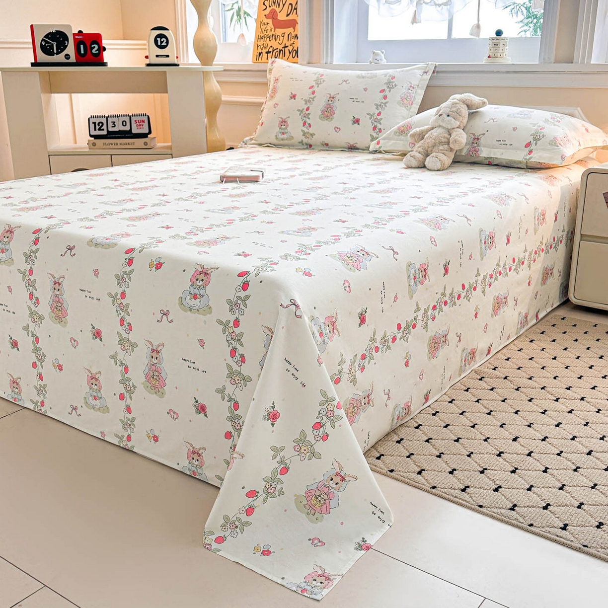 91家纺网 家纺一手货源 找家纺 涵宸家纺 2026新款亲肤舒适全棉印花单床单-68系列 总 床单-草莓小兔