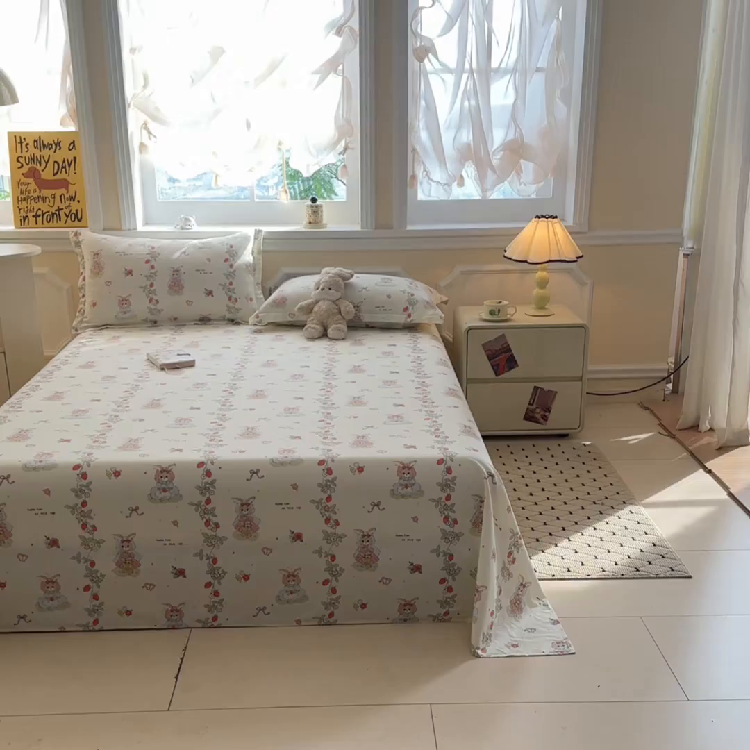 91家纺网 家纺一手货源 找家纺 涵宸家纺 2026新款亲肤舒适全棉印花单床单-68系列 总 床单-草莓小兔