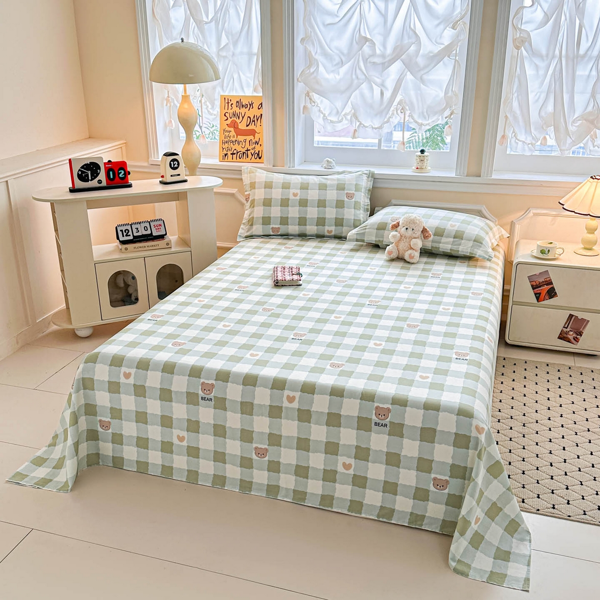 91家纺网 家纺一手货源 找家纺 涵宸家纺 2026新款亲肤舒适全棉印花单床单-68系列 总 床单-格子小熊