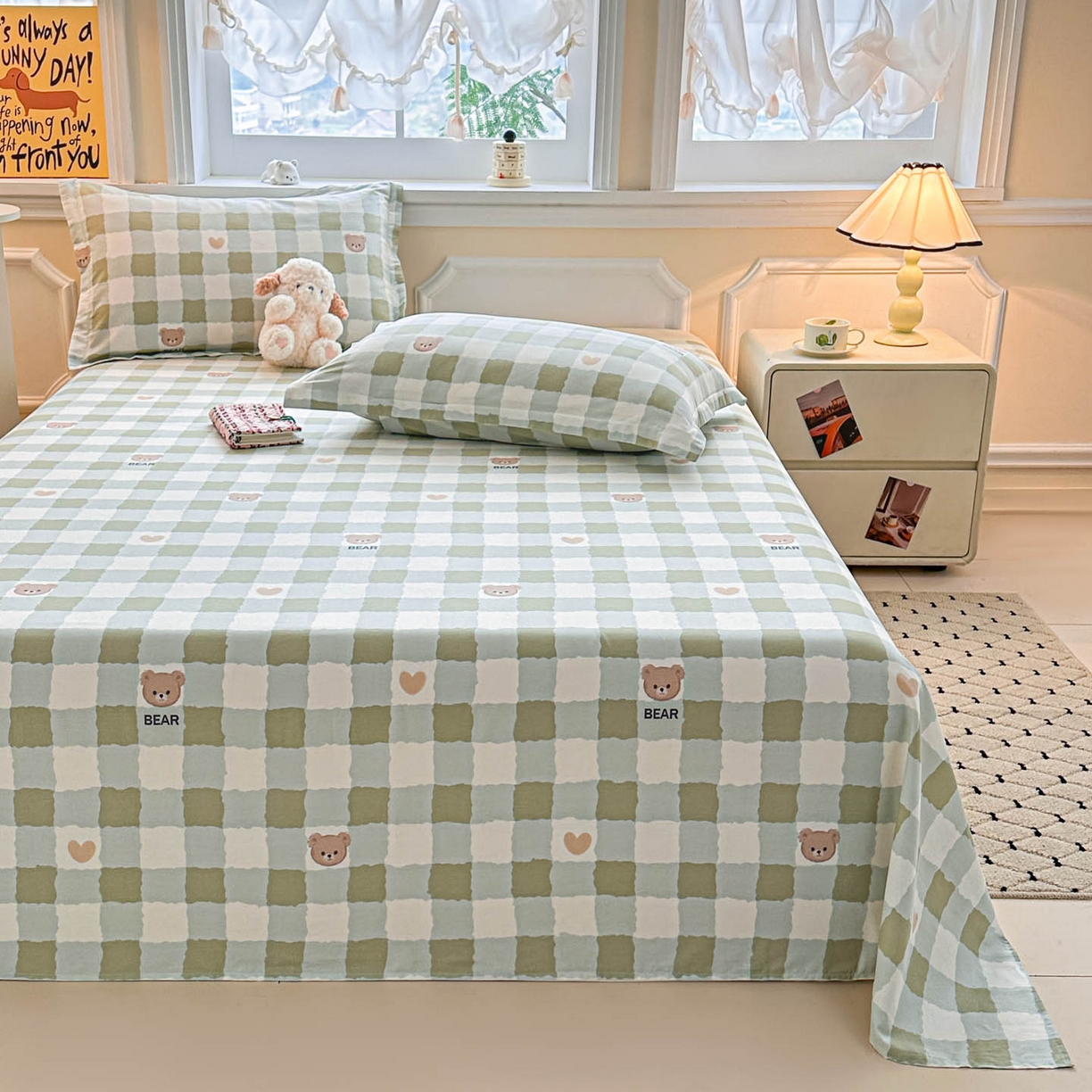 91家纺网 家纺一手货源 找家纺 涵宸家纺 2026新款亲肤舒适全棉印花单床单-68系列 总 床单-格子小熊