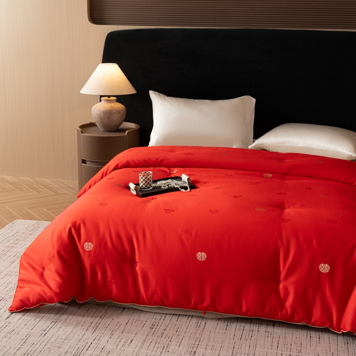 91家纺网 家纺一手货源 找家纺 茧月 2026新款100%柞蚕丝中长丝被子-福喜相随 福喜相随-红色