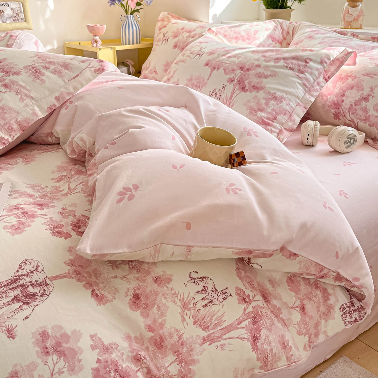 91家纺网 家纺一手货源 找家纺 涵宸家纺 2025新款亲肤舒适全棉印花四件套-68系列 总 F花涧-粉