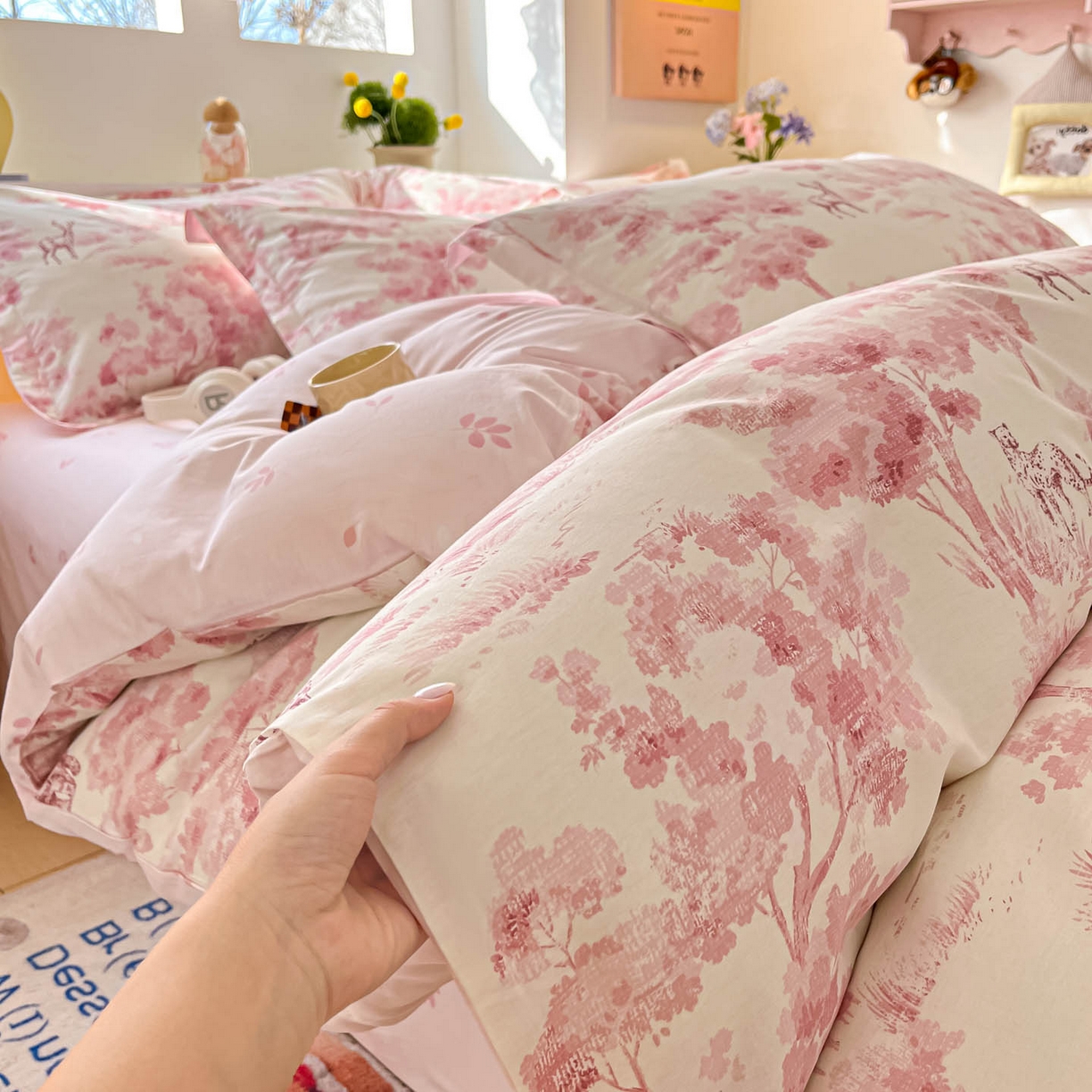 91家纺网 家纺一手货源 找家纺 涵宸家纺 2025新款亲肤舒适全棉印花四件套-68系列 总 F花涧-粉