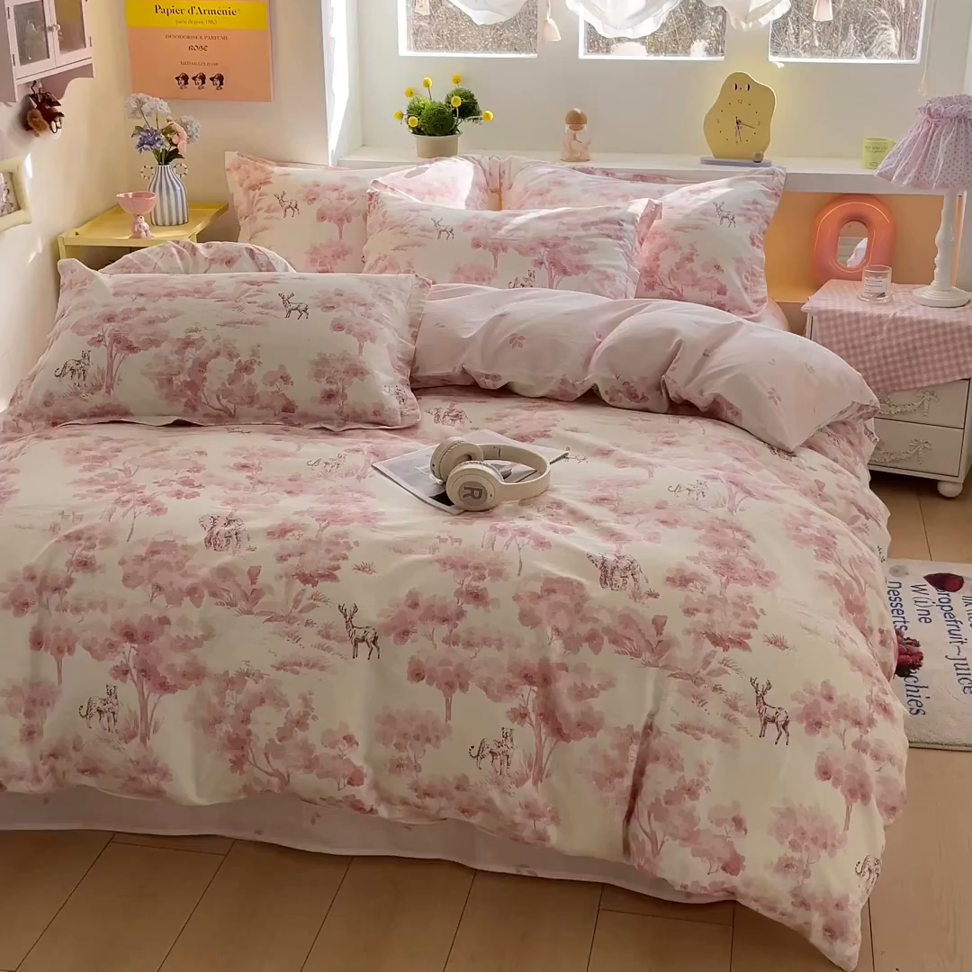 91家纺网 家纺一手货源 找家纺 涵宸家纺 2025新款亲肤舒适全棉印花四件套-68系列 总 F花涧-粉