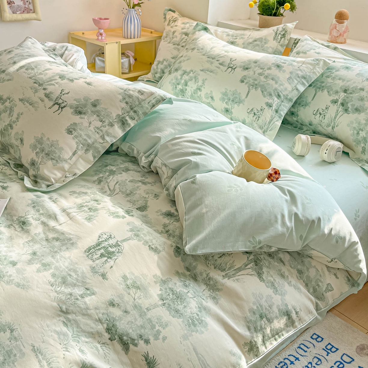 91家纺网 家纺一手货源 找家纺 涵宸家纺 2025新款亲肤舒适全棉印花四件套-68系列 总 F花涧-绿