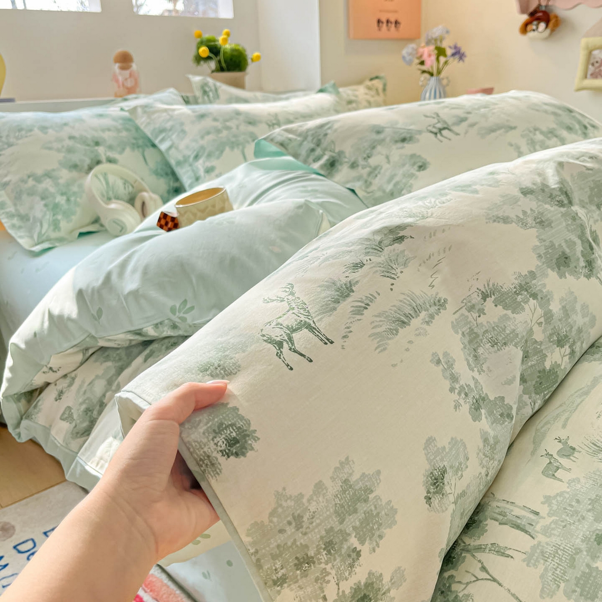 91家纺网 家纺一手货源 找家纺 涵宸家纺 2025新款亲肤舒适全棉印花四件套-68系列 总 F花涧-绿