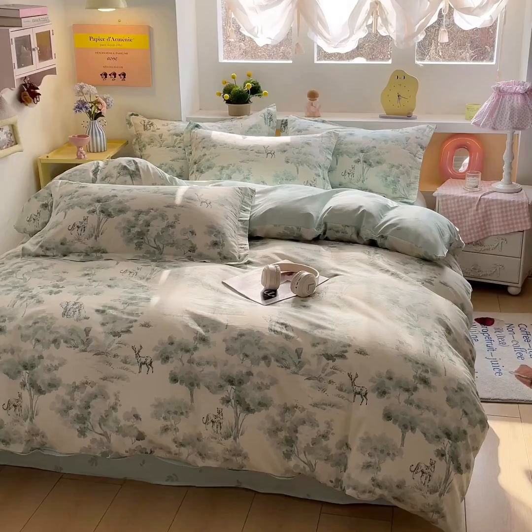 91家纺网 家纺一手货源 找家纺 涵宸家纺 2025新款亲肤舒适全棉印花四件套-68系列 总 F花涧-绿
