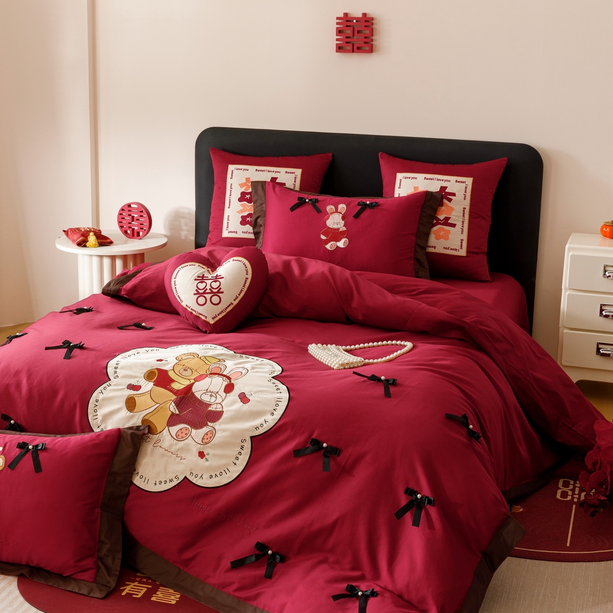 甜咪咪婚庆 2026新品婚庆50s长绒棉全棉纯棉床单床盖款结婚四件套多件套 童梦情缘