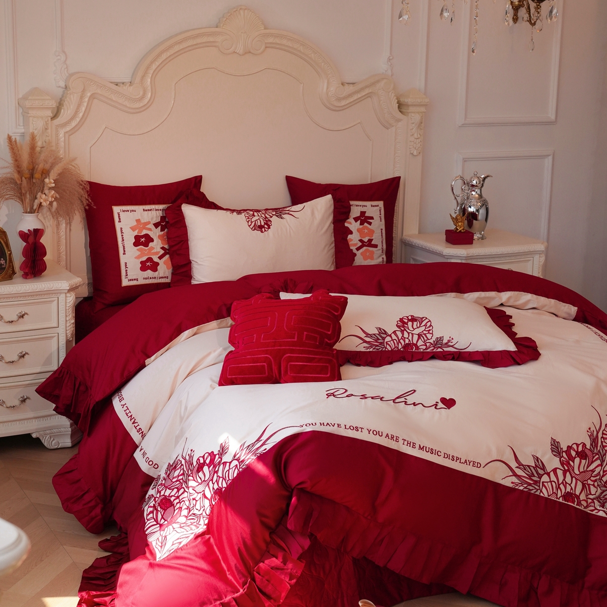 91家纺网 家纺一手货源 找家纺 甜咪咪婚庆 2026新品婚庆50s长绒棉全棉纯棉床单床盖款结婚四件套多件套 春和景明