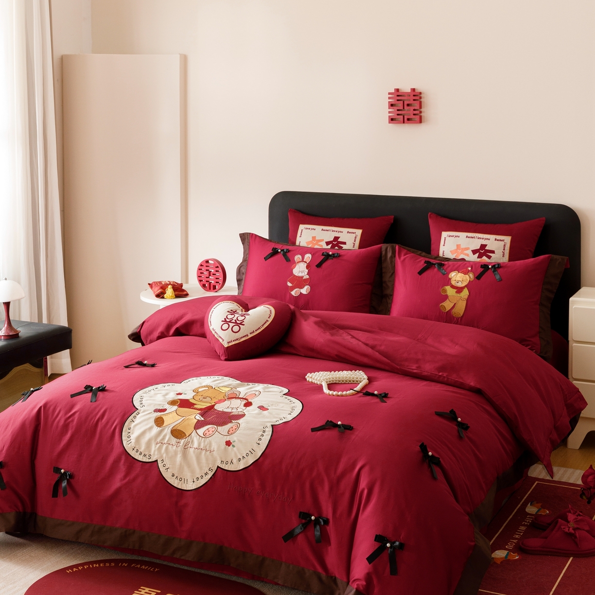 91家纺网 家纺一手货源 找家纺 甜咪咪婚庆 2026新品婚庆50s长绒棉全棉纯棉床单床盖款结婚四件套多件套 童梦情缘