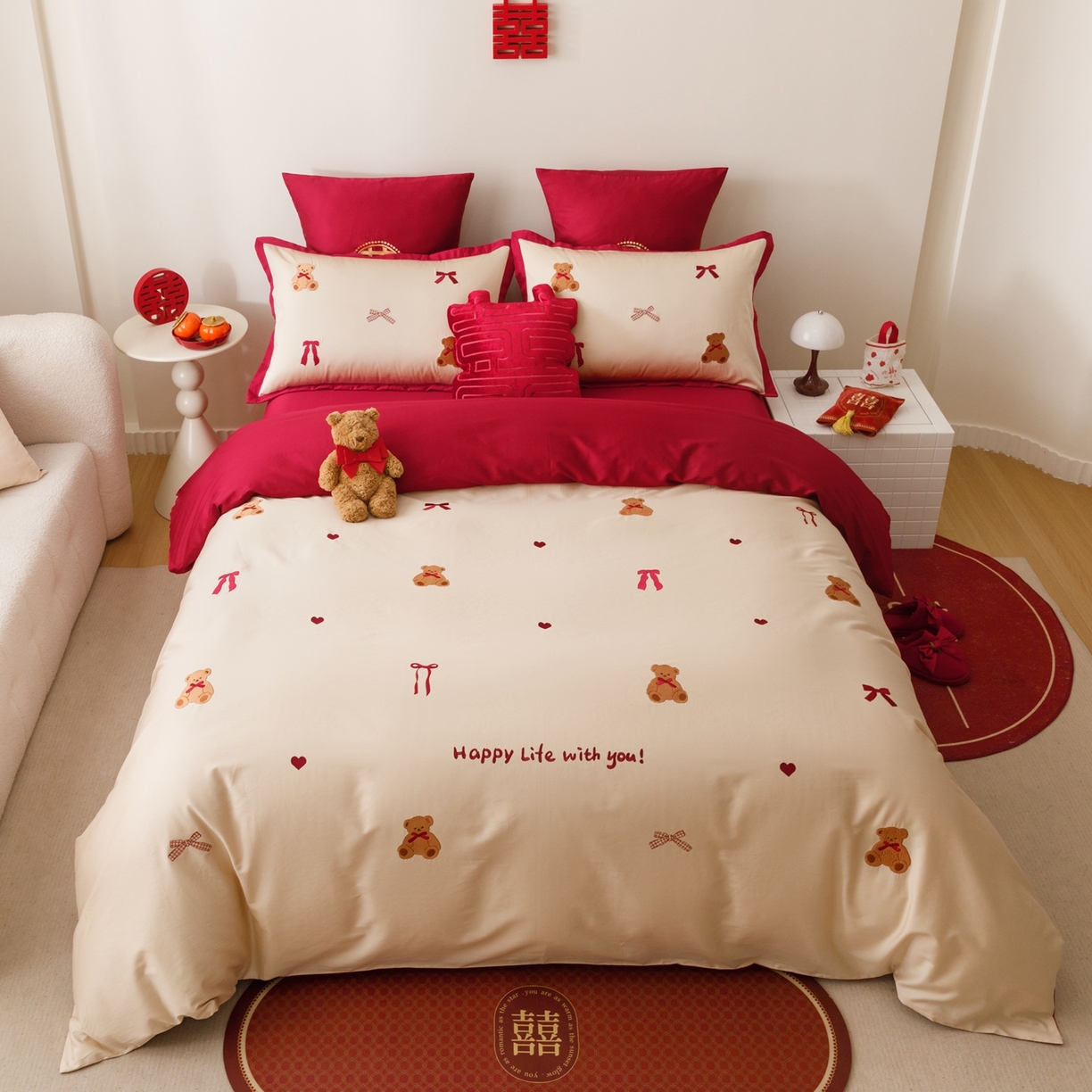 91家纺网 家纺一手货源 找家纺 甜咪咪婚庆 2026新品婚庆50s长绒棉全棉纯棉床单床盖款结婚四件套多件套 幸福约定