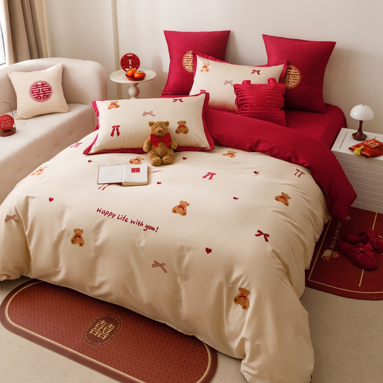 91家纺网 家纺一手货源 找家纺 甜咪咪婚庆 2026新品婚庆50s长绒棉全棉纯棉床单床盖款结婚四件套多件套 幸福约定