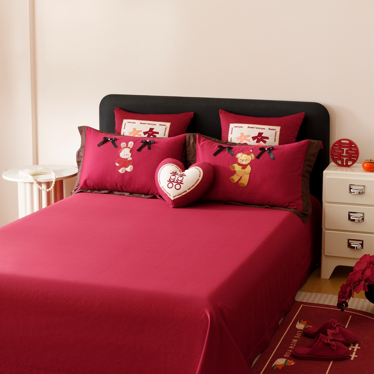 91家纺网 家纺一手货源 找家纺 甜咪咪婚庆 2026新品婚庆50s长绒棉全棉纯棉床单床盖款结婚四件套多件套 童梦情缘