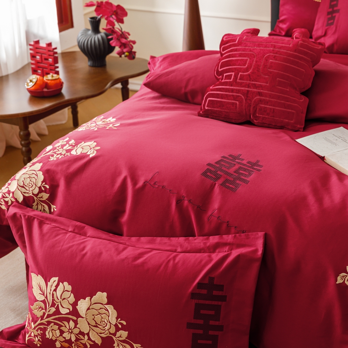 91家纺网 家纺一手货源 找家纺 甜咪咪婚庆 2026新品婚庆50s长绒棉全棉纯棉床单床盖款结婚四件套多件套 永恒爱恋