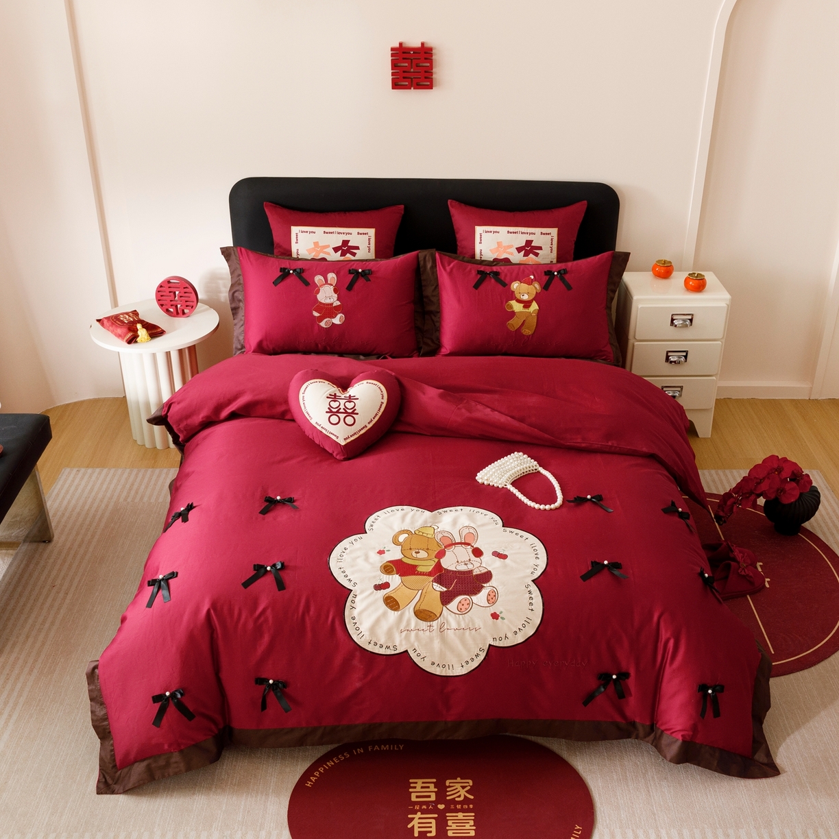 91家纺网 家纺一手货源 找家纺 甜咪咪婚庆 2026新品婚庆50s长绒棉全棉纯棉床单床盖款结婚四件套多件套 童梦情缘