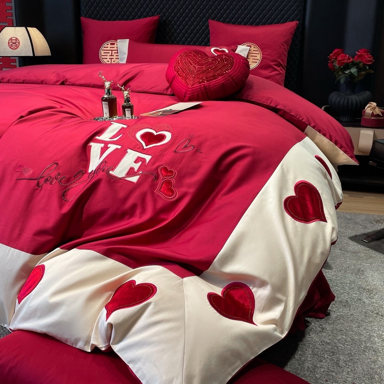 91家纺网 家纺一手货源 找家纺 甜咪咪婚庆 2026新品婚庆50s长绒棉全棉纯棉床单床盖款结婚四件套多件套 我爱你