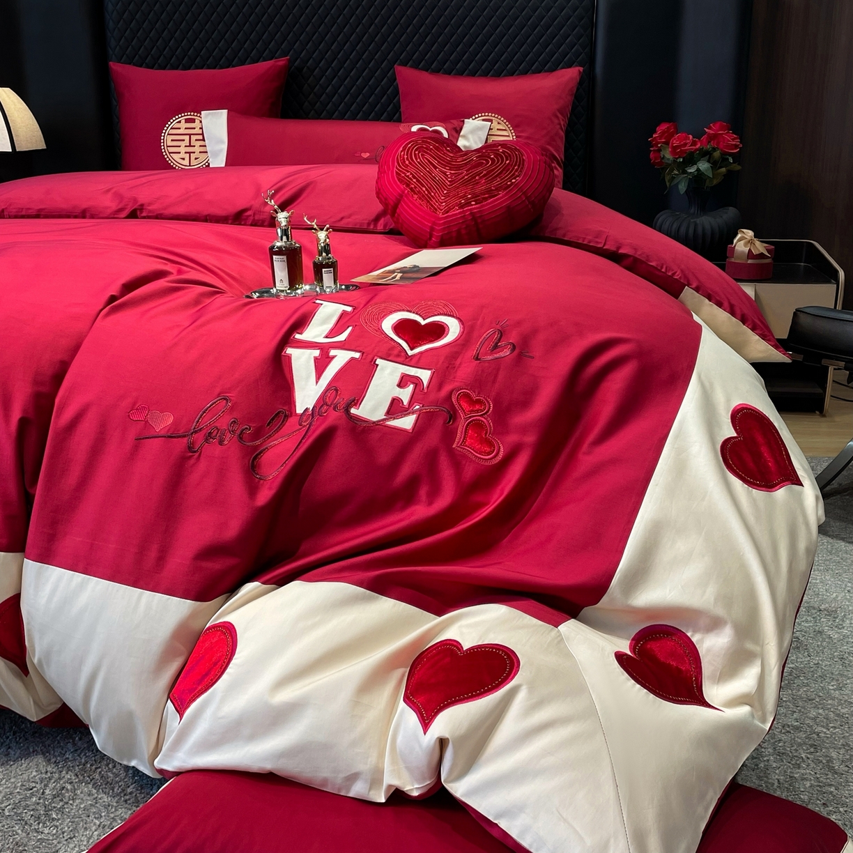 91家纺网 家纺一手货源 找家纺 甜咪咪婚庆 2026新品婚庆50s长绒棉全棉纯棉床单床盖款结婚四件套多件套 我爱你