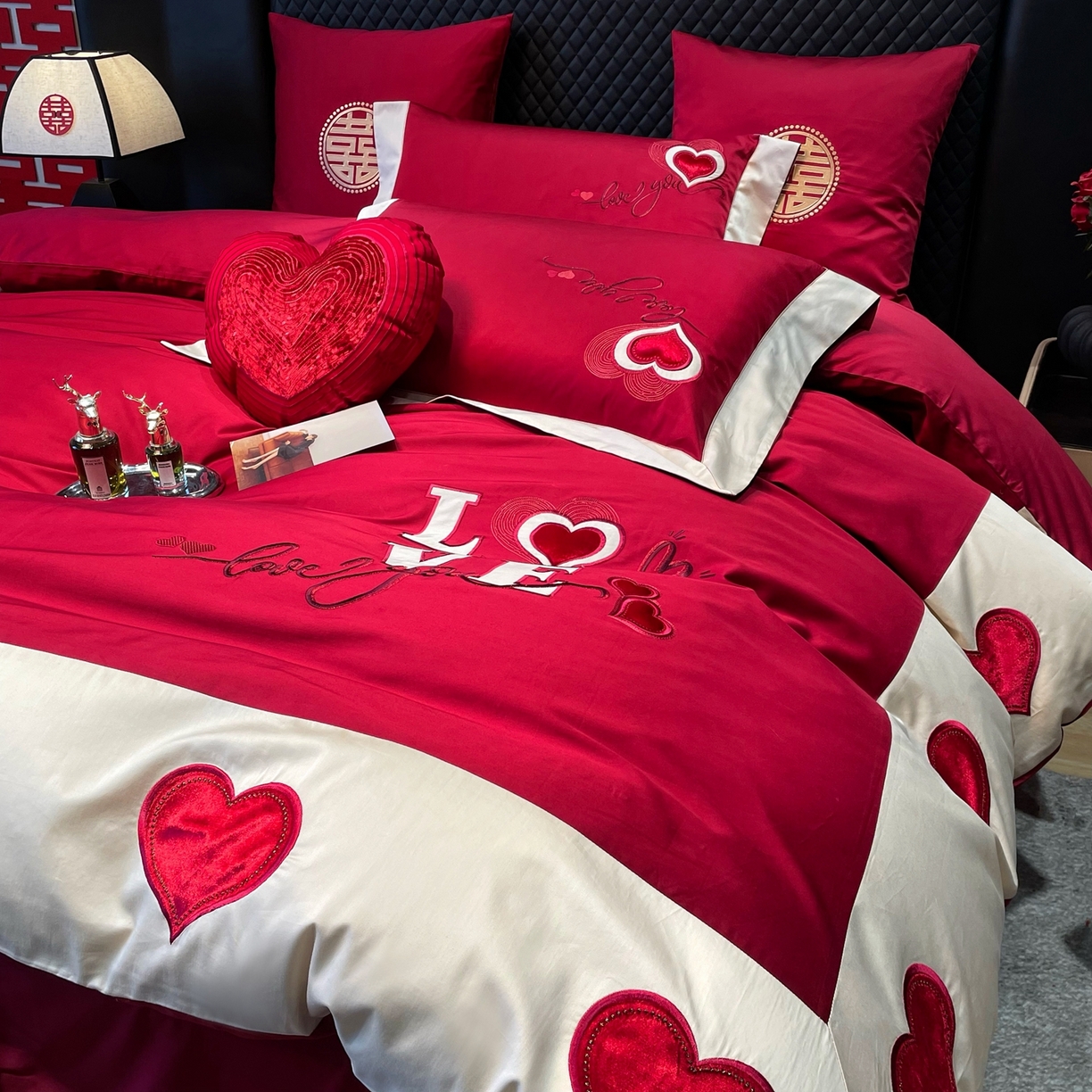 91家纺网 家纺一手货源 找家纺 甜咪咪婚庆 2026新品婚庆50s长绒棉全棉纯棉床单床盖款结婚四件套多件套 我爱你