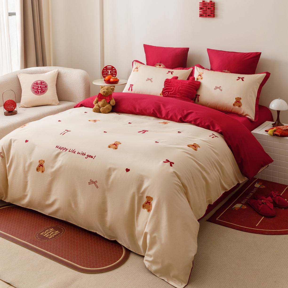 91家纺网 家纺一手货源 找家纺 甜咪咪婚庆 2026新品婚庆50s长绒棉全棉纯棉床单床盖款结婚四件套多件套 幸福约定