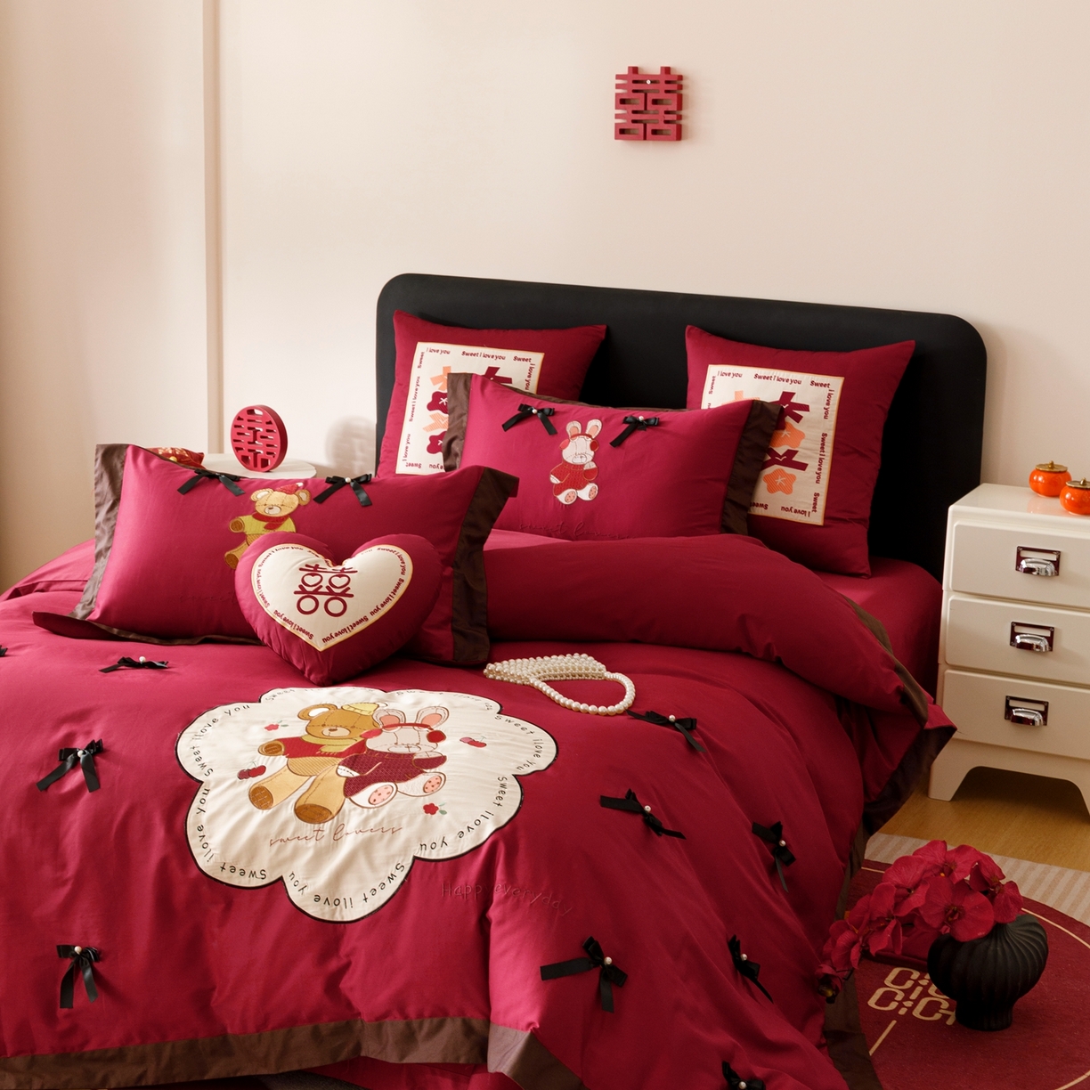 91家纺网 家纺一手货源 找家纺 甜咪咪婚庆 2026新品婚庆50s长绒棉全棉纯棉床单床盖款结婚四件套多件套 童梦情缘