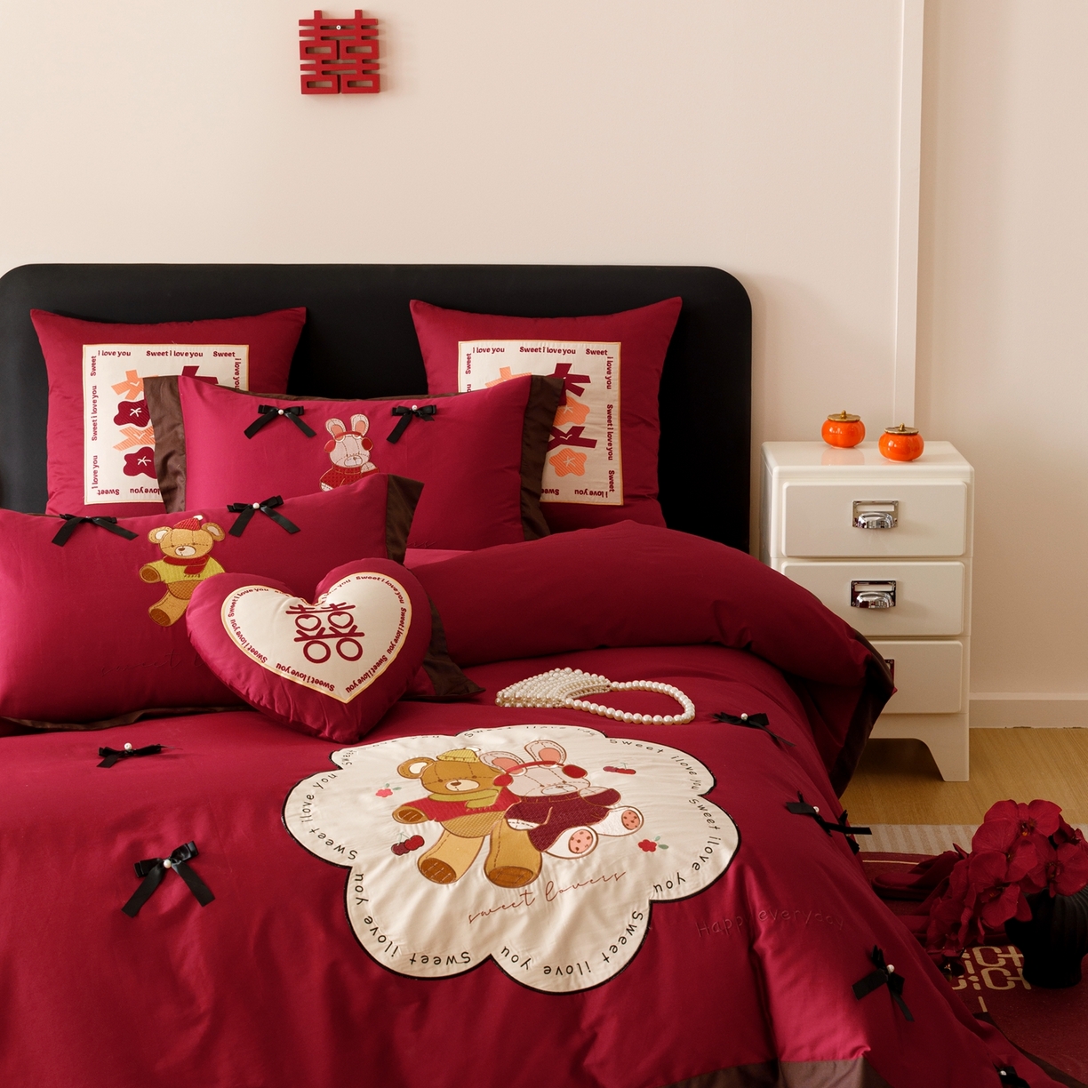 91家纺网 家纺一手货源 找家纺 甜咪咪婚庆 2026新品婚庆50s长绒棉全棉纯棉床单床盖款结婚四件套多件套 童梦情缘