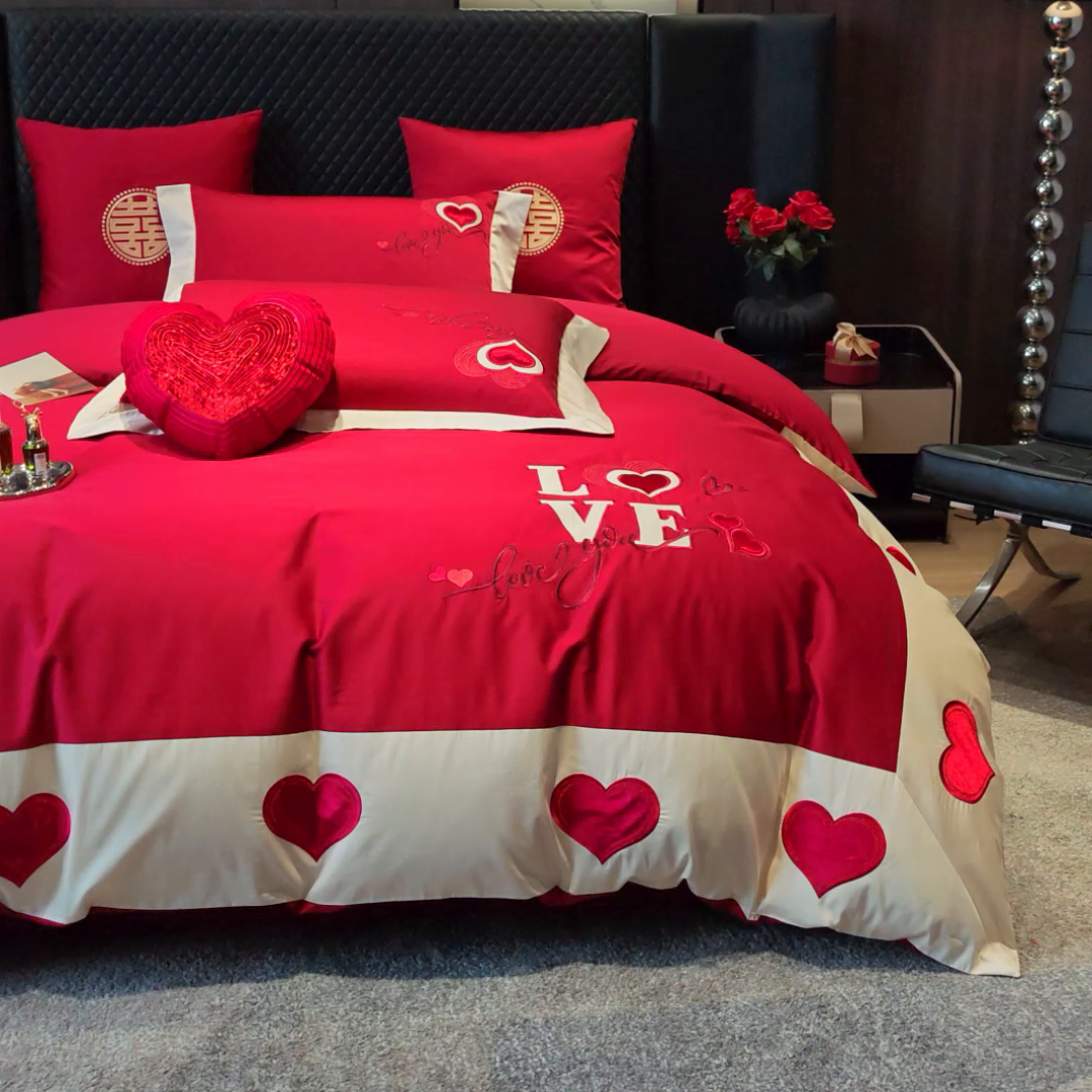 91家纺网 家纺一手货源 找家纺 甜咪咪婚庆 2026新品婚庆50s长绒棉全棉纯棉床单床盖款结婚四件套多件套 我爱你