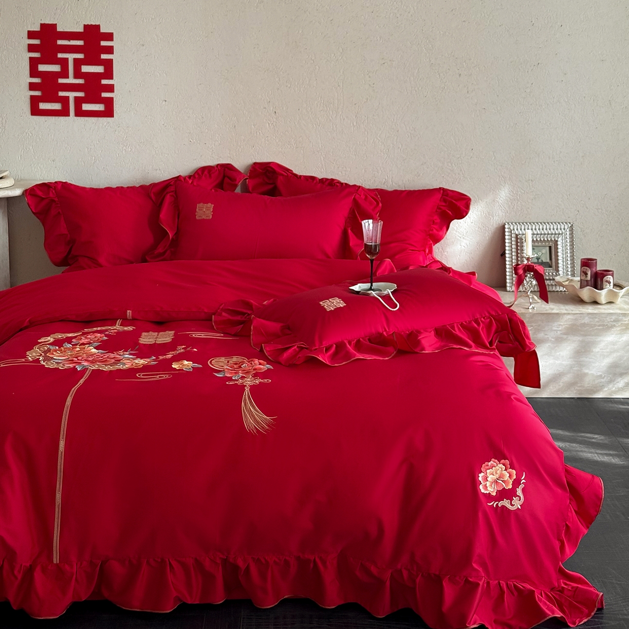 91家纺网 家纺一手货源 找家纺 （总）多乐娜 2026新款100s长绒棉纯棉百万针高精密刺绣婚庆四件套-囍悦传承 会员-20，控价：429/449元起（券后最低！）请勿低价销售！