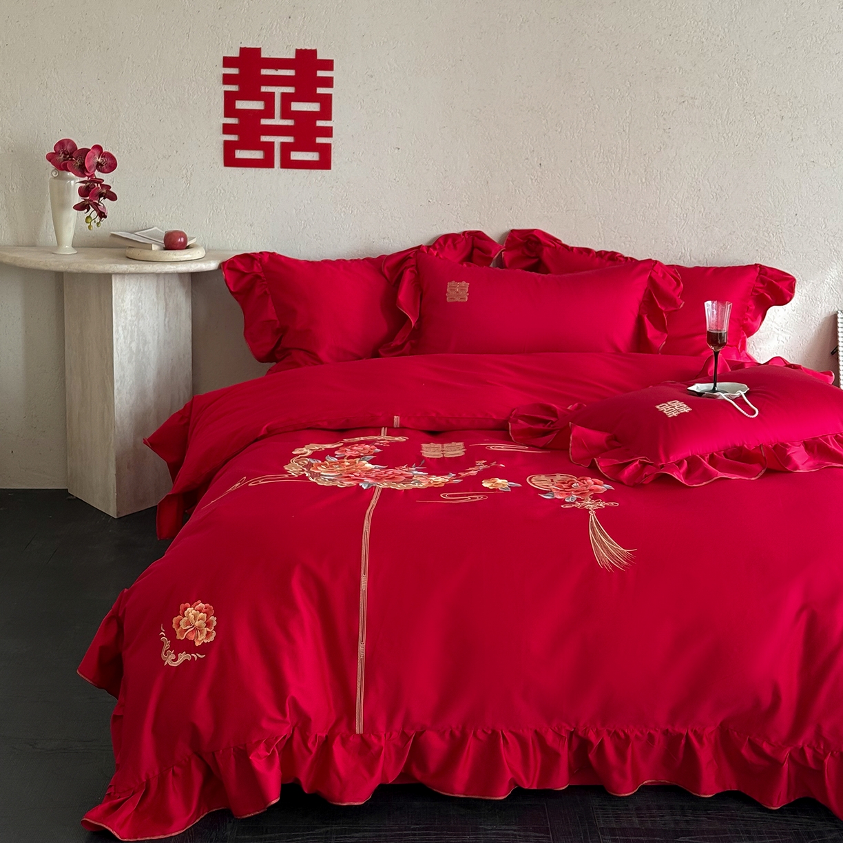 91家纺网 家纺一手货源 找家纺 （总）多乐娜 2026新款100s长绒棉纯棉百万针高精密刺绣婚庆四件套-囍悦传承 会员-20，控价：429/449元起（券后最低！）请勿低价销售！