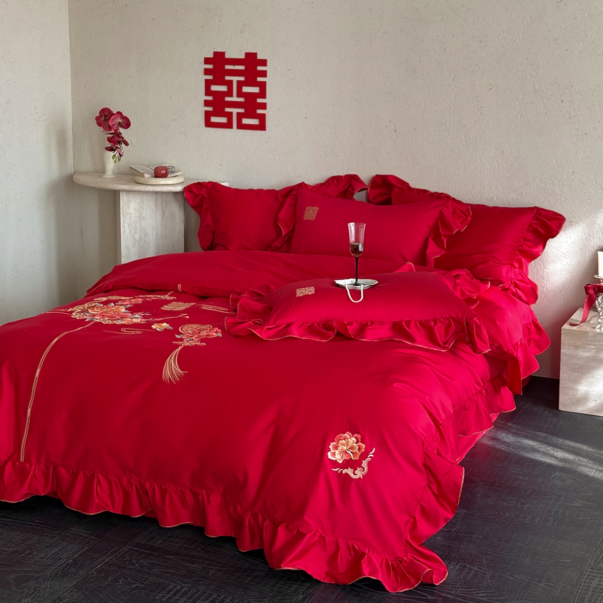 91家纺网 家纺一手货源 找家纺 （总）多乐娜 2026新款100s长绒棉纯棉百万针高精密刺绣婚庆四件套-囍悦传承 会员-20，控价：429/449元起（券后最低！）请勿低价销售！