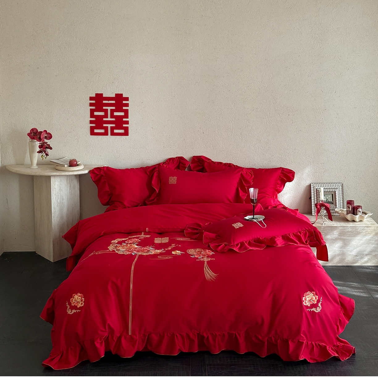 91家纺网 家纺一手货源 找家纺 （总）多乐娜 2026新款100s长绒棉纯棉百万针高精密刺绣婚庆四件套-囍悦传承 会员-20，控价：429/449元起（券后最低！）请勿低价销售！