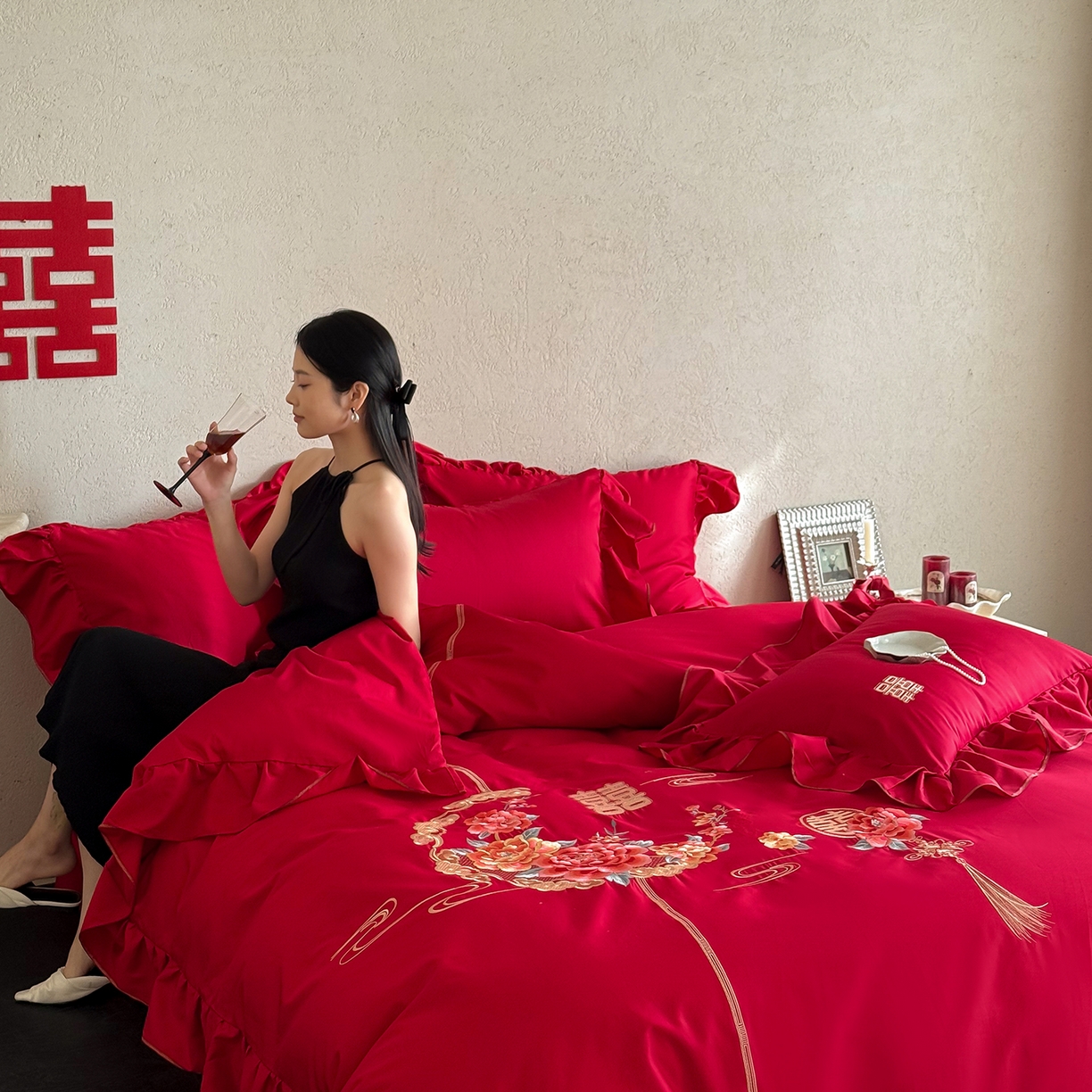 91家纺网 家纺一手货源 找家纺 （总）多乐娜 2026新款100s长绒棉纯棉百万针高精密刺绣婚庆四件套-囍悦传承 会员-20，控价：429/449元起（券后最低！）请勿低价销售！