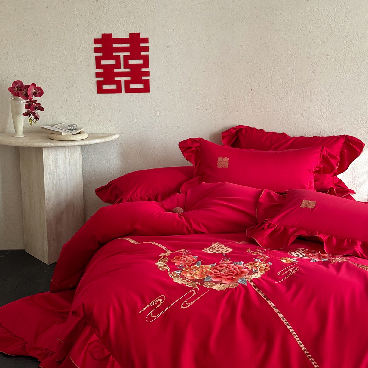 91家纺网 家纺一手货源 找家纺 （总）多乐娜 2026新款100s长绒棉纯棉百万针高精密刺绣婚庆四件套-囍悦传承 会员-20，控价：429/449元起（券后最低！）请勿低价销售！