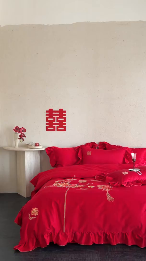 91家纺网 家纺一手货源 找家纺 （总）多乐娜 2026新款100s长绒棉纯棉百万针高精密刺绣婚庆四件套-囍悦传承 会员-20，控价：429/449元起（券后最低！）请勿低价销售！