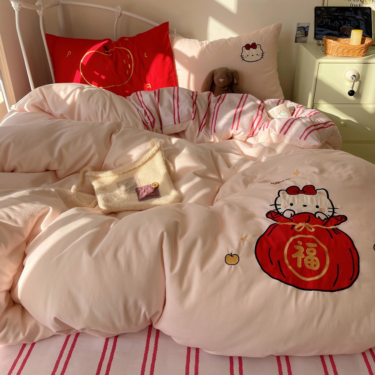 91家纺网 家纺一手货源 找家纺 （总） 轻奢坊 2026新年款水洗棉贴布绣四件套-旺福