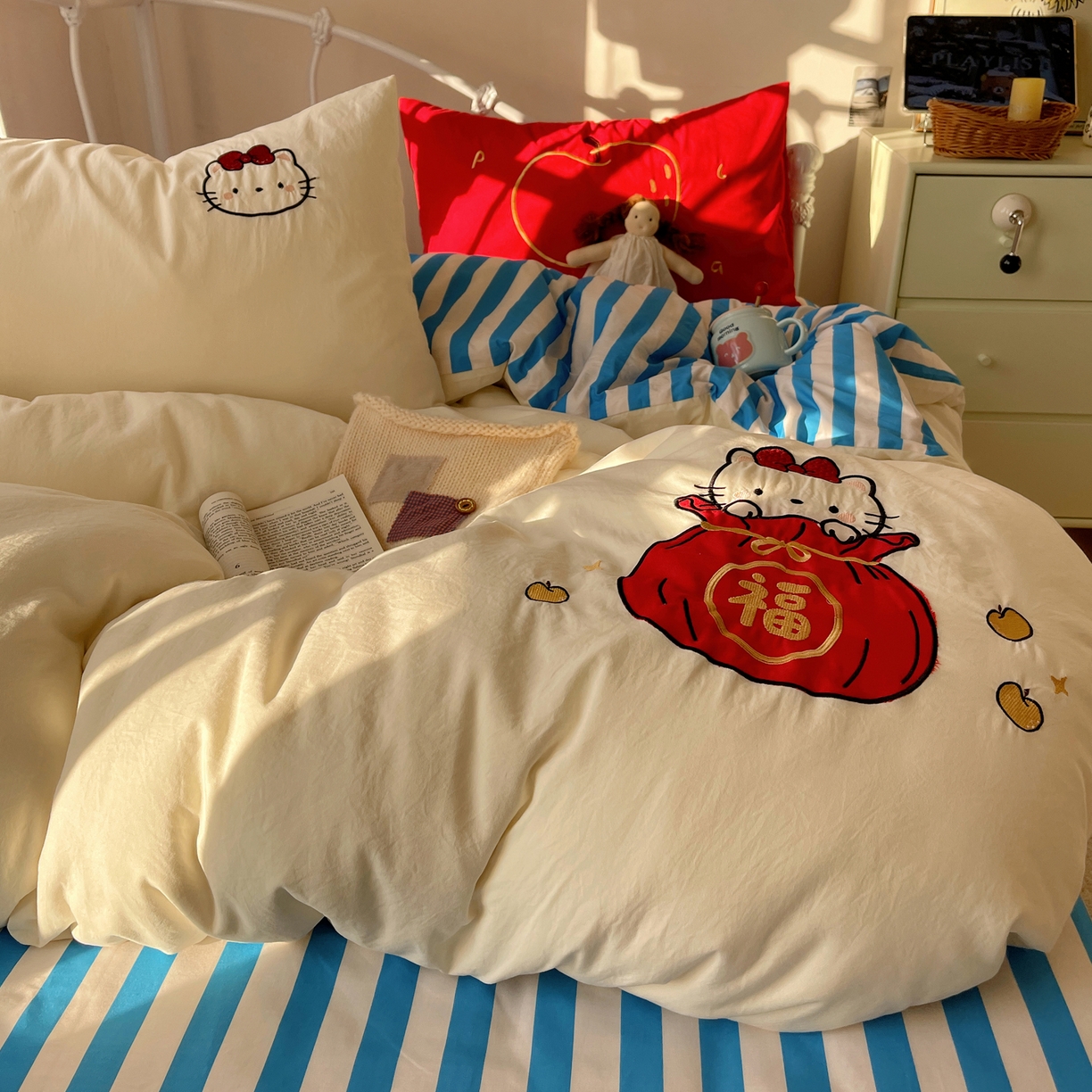 91家纺网 家纺一手货源 找家纺 （总） 轻奢坊 2026新年款水洗棉贴布绣四件套-旺福