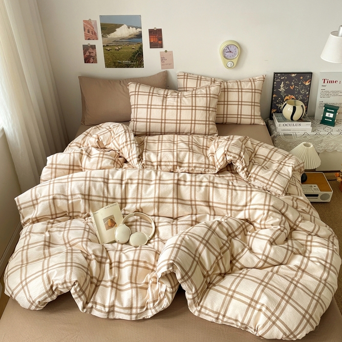 91家纺网 家纺一手货源 找家纺 海岛哥哥 2026新款双层纱格条系列四件套 简约浅咖格