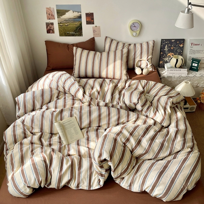 91家纺网 家纺一手货源 找家纺 海岛哥哥 2026新款双层纱格条系列四件套 简约英伦条