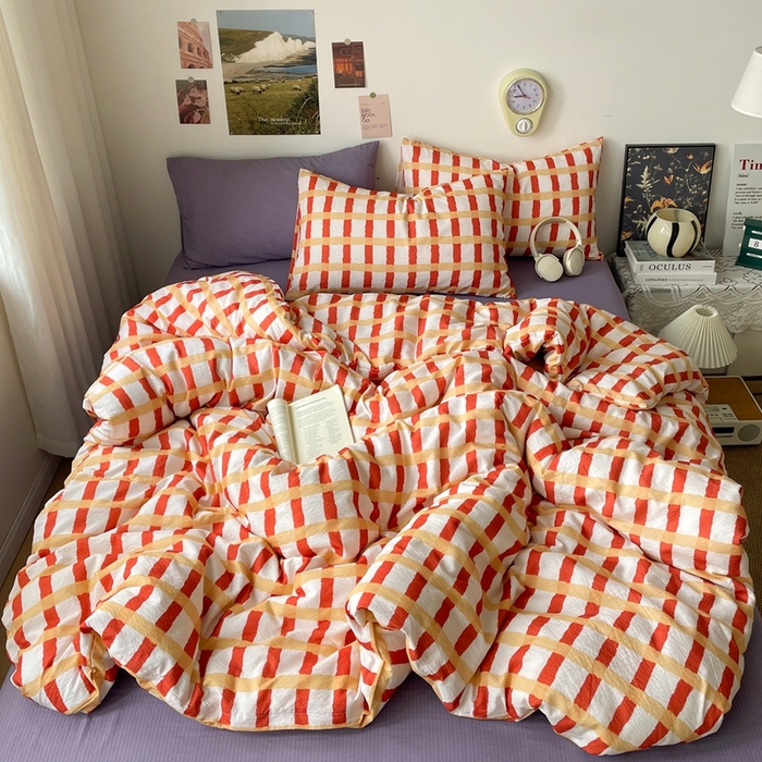 91家纺网 家纺一手货源 找家纺 海岛哥哥 2026新款双层纱格条系列四件套 奶油焦糖格